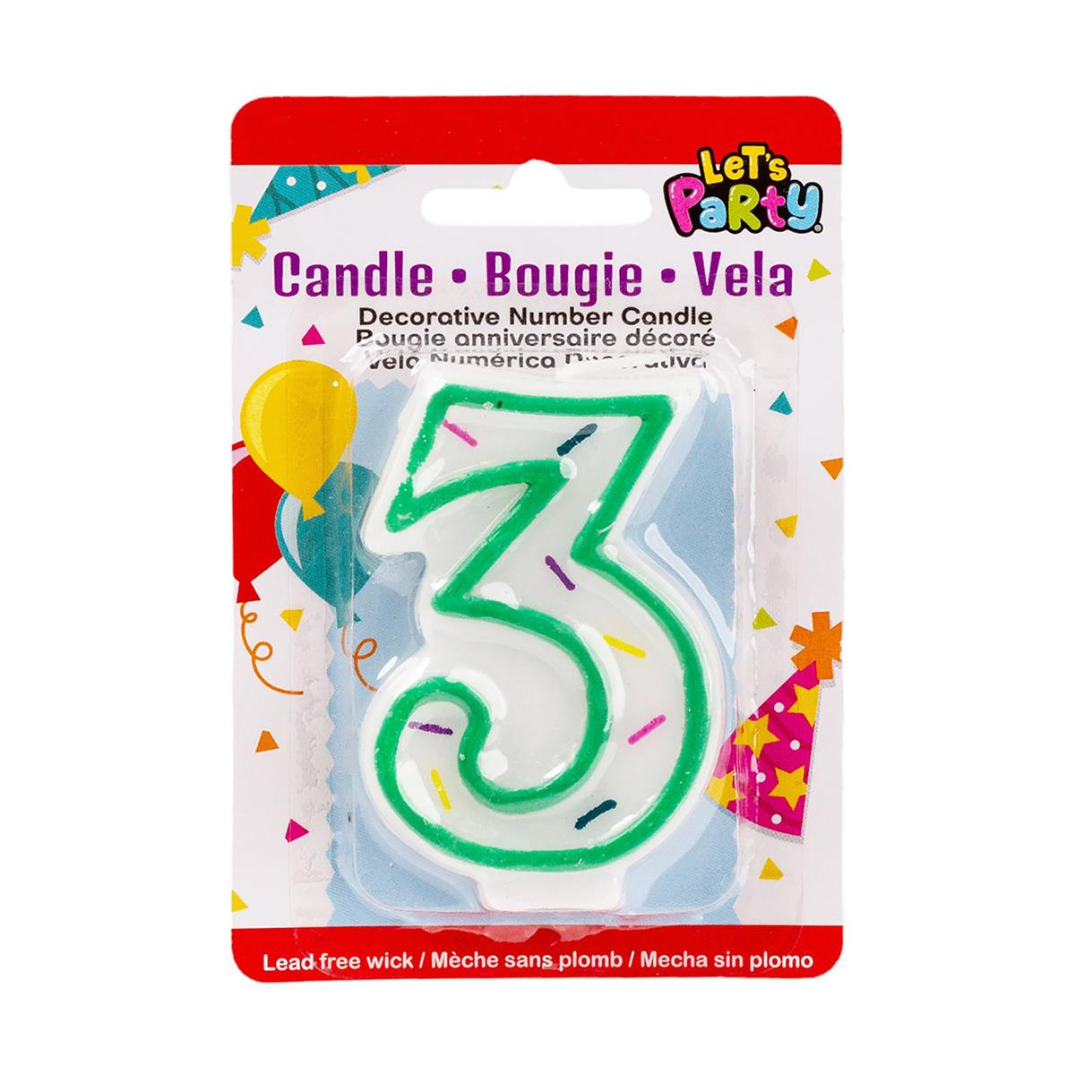 Let's Party, # 3 Numeral Candle, 3"H, b/c (A201503)