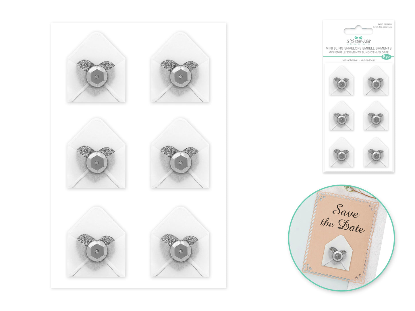 A Brides Wish: 0.9"x1.1" Mini Bling Vellum Envelope x6 Self-Stick B) Silver