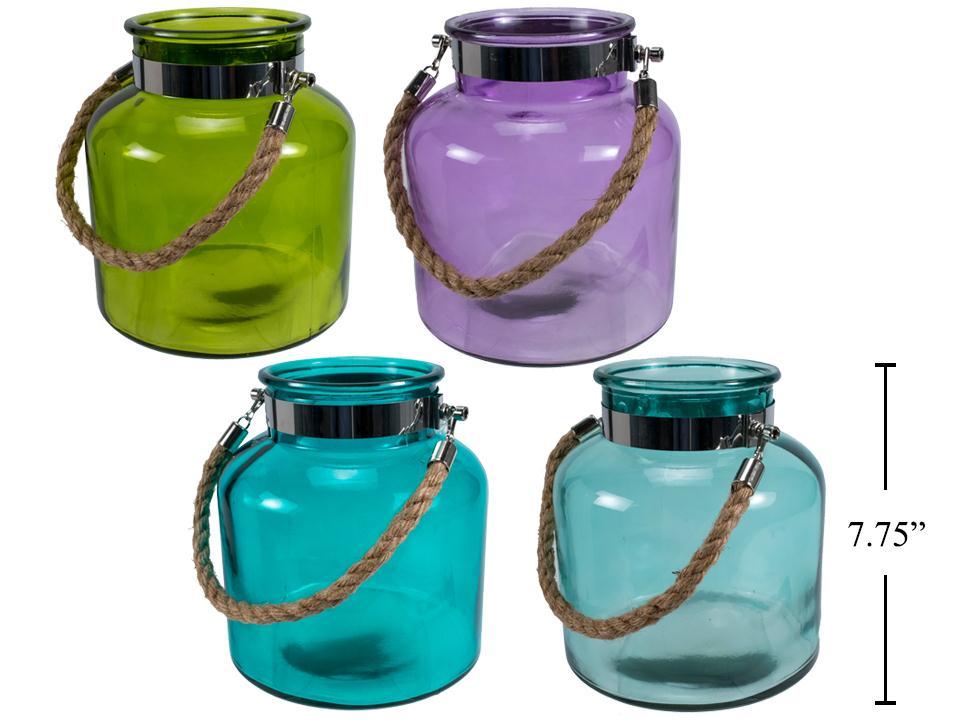 Glass Lantern w/Rope Handle, Lrg. 7x8", 4Col
