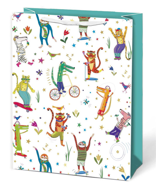 Paper T. Gift Bag, Fun Animals, Jumbo, Matte+HS, tag+j-hook 16.5"x12.2"x4.7". 15gsm