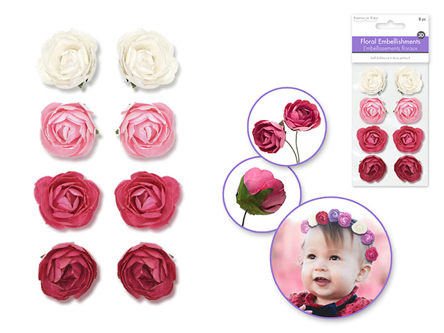 Floral Embellish: 1.1" Handmade Paper Rosebuds x8 A) Pink