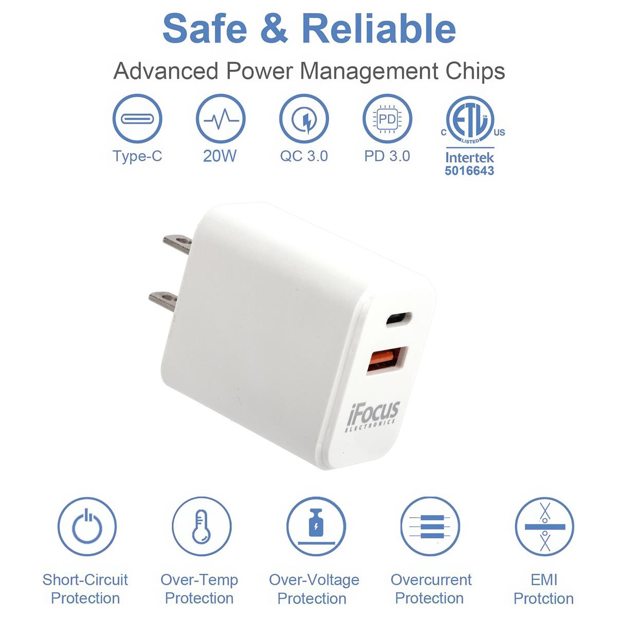 iFocus Dual PD+QC 20W  USB Charger, WHT, 5V-12V/3A-1.5A shared power