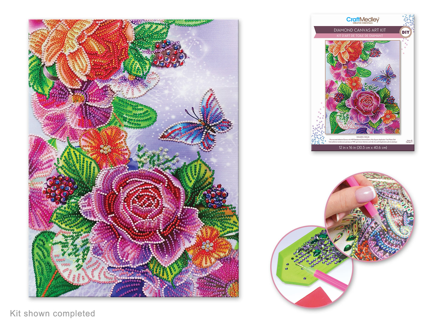 Craft Medley Kit: Diamond Painting Art Kit 12"x16" w/Gems+Tool+Tray N) Butterfly Floral