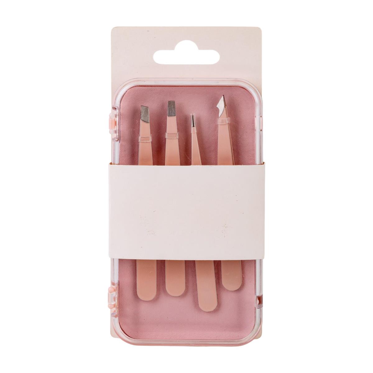 Bodico, 4-pc Tweezer Set w Case, pink, shrink w wrap card