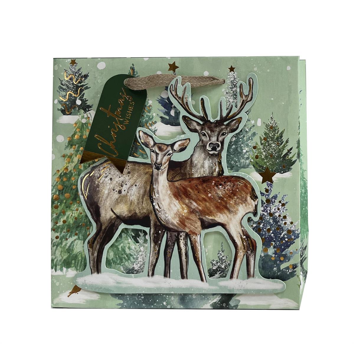 Paper T. Xmas DLX Gift Bag, Deer, Square Medium, HS+3D, j-hook+tag,  8"x8"x3.15", 250gsm