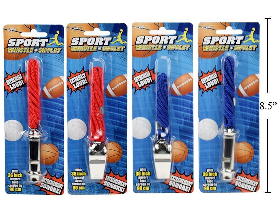 Metal Whistle w/ Cord, 2 styles, 2 colors (Blue and Red),  b/c
