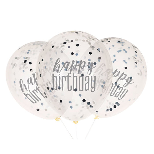 6 12" Clear Printed Glitz "Happy Birthday" Balloons with Confetti  Black & Silver