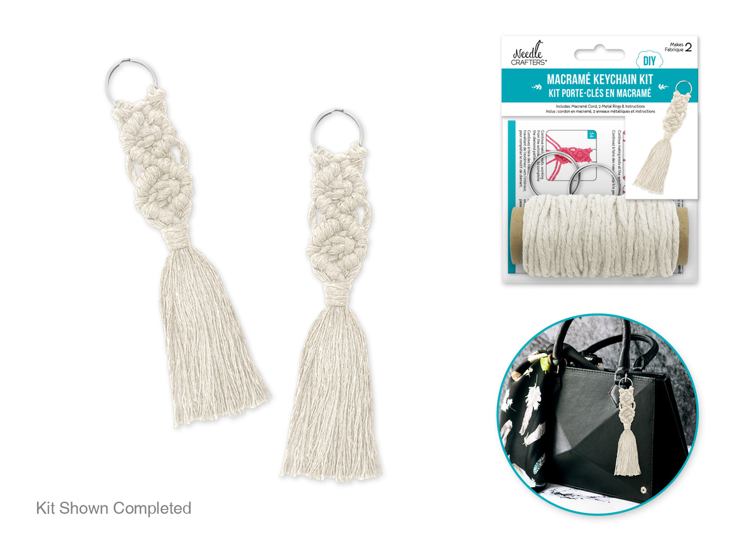 Needlecrafters: DIY Macramé Keychain Kit w/Key Ring~ Makes 2 A) Ecru