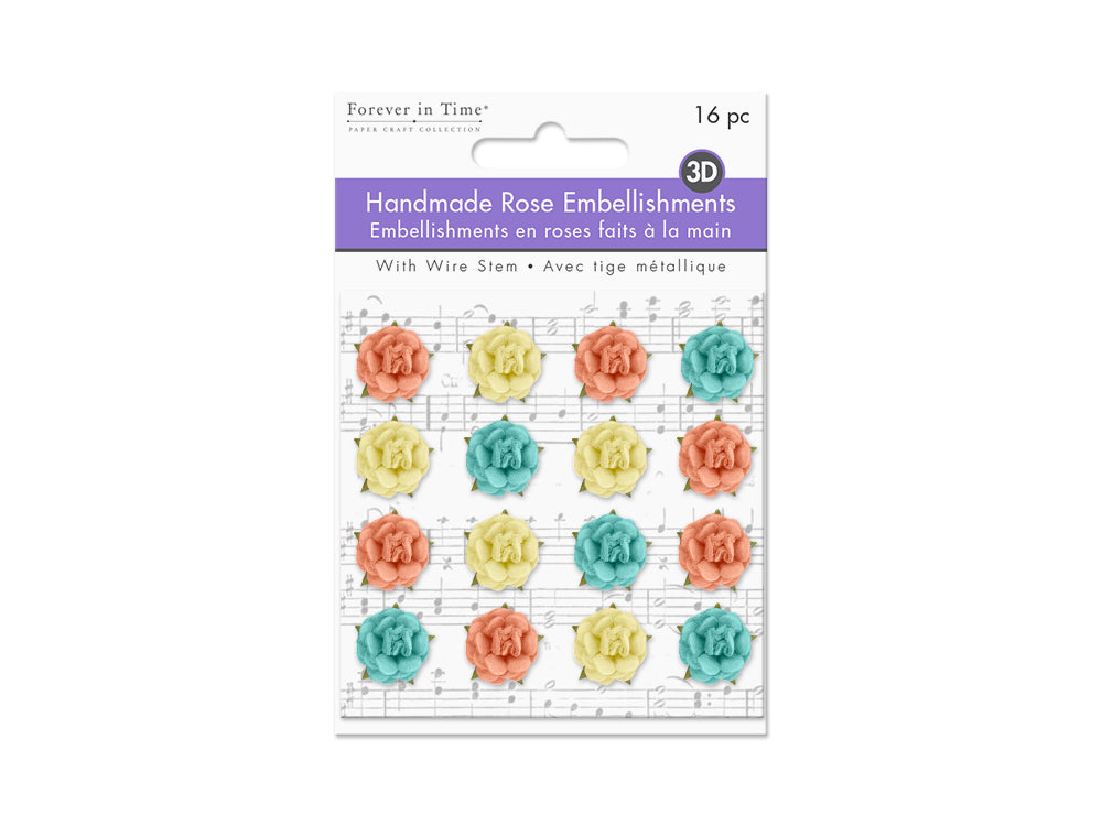 Floral Embellish: 1.5cm 3D Handmade Paper Micro Roses 16pc w/Stem Asst D) Paradise