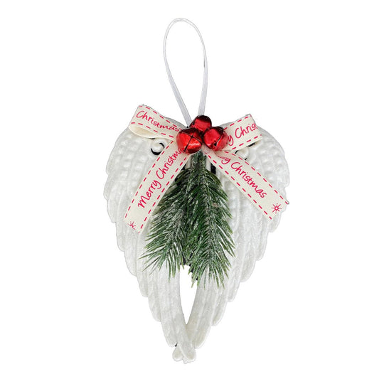 Deco N Christmas White Angel Wing Ornament  w/ Ribbow Bow. 4.25" x 5.5", cht