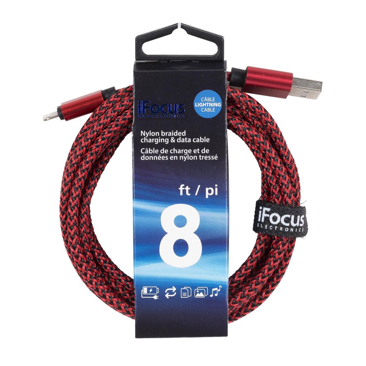 iFocus, 8 ft. Lightning data cable 2 tone Braided,4C,w/strap