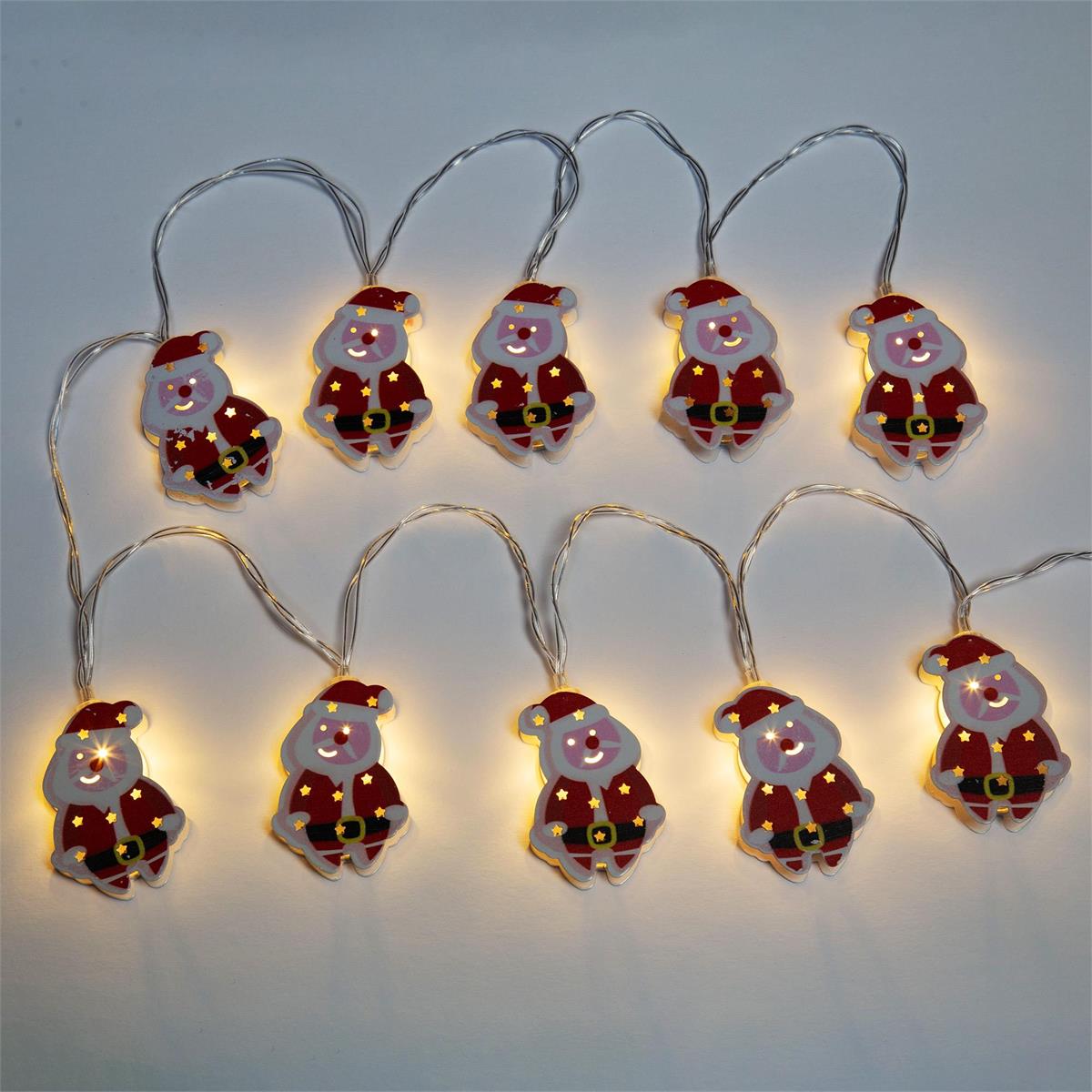 Deco Noel B/O. 10 LED Wooden String Lights, Santa, 4-ft, pvc box2xAA not included