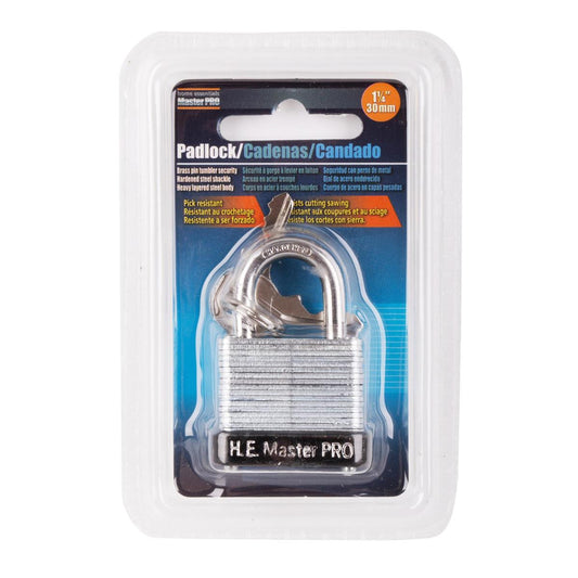 H.E. Master Pro, 1.25" Laminated Padlock, clamshell