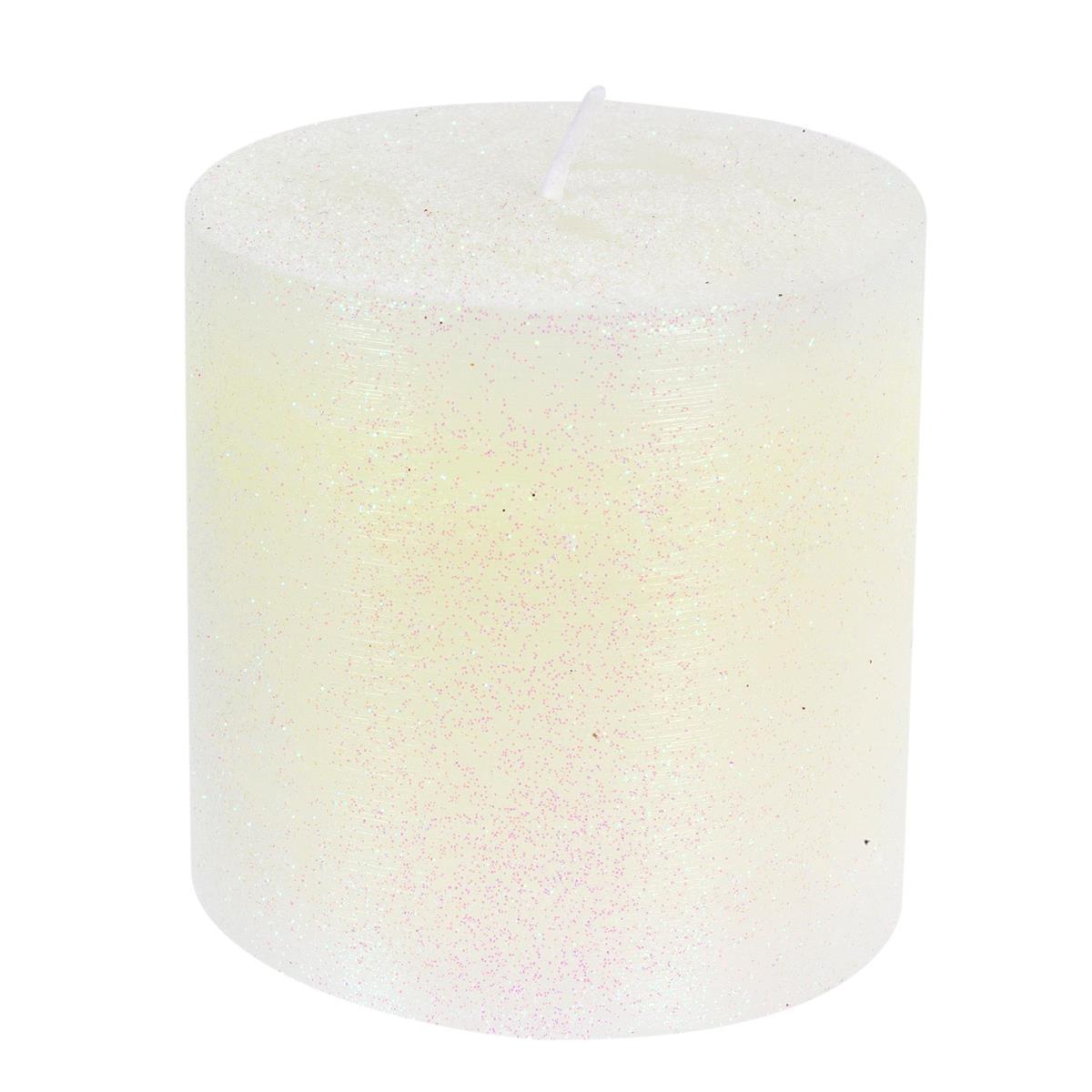 Enlighten 2.95"x2.95" Metallic Wht. Pillar Candle w/Glitter, label