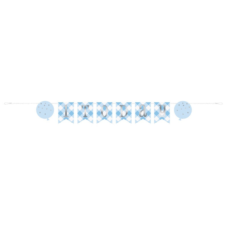 Blue Gingham 1st Birthday Pennant Banner  6 ft
