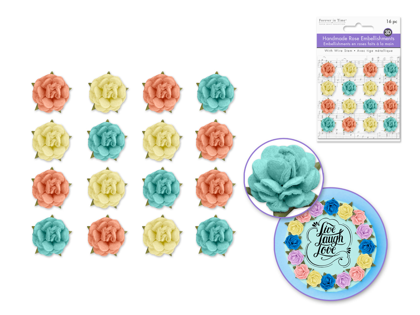 Floral Embellish: 1.5cm 3D Handmade Paper Micro Roses 16pc w/Stem Asst D) Paradise