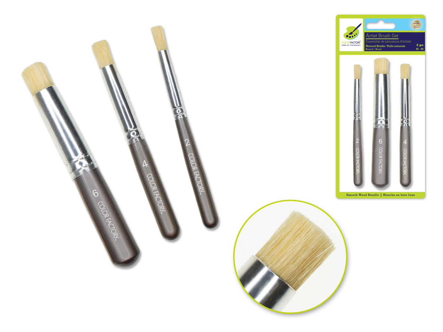 Artist Brush Set: 'Stubbies' Smooth Handle Bristle x3 Wood Handle A) Round #2/4/6