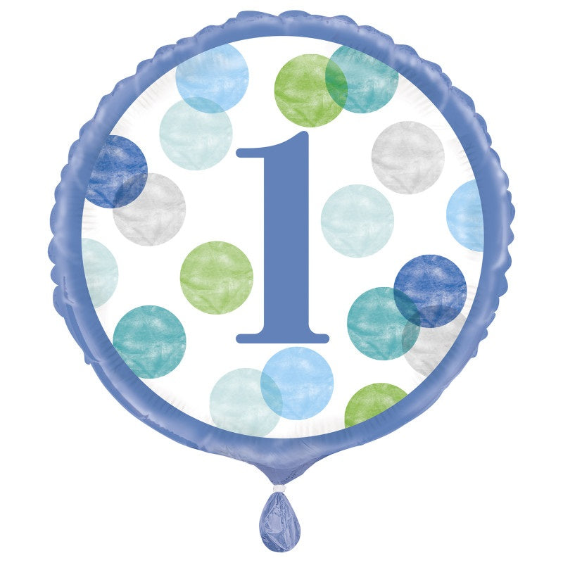 Blue Dots 1st Birthday Round Foil Balloon 18"  Packaged