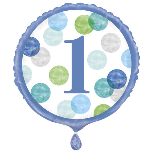 Blue Dots 1st Birthday Round Foil Balloon 18"  Packaged