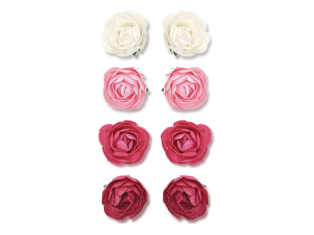 Floral Embellish: 1.1" Handmade Paper Rosebuds x8 A) Pink