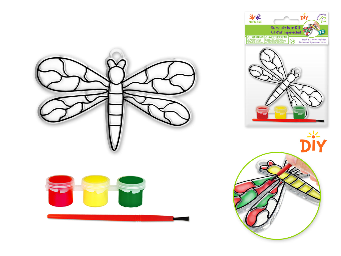 Krafty Kids Kit: 3D DIY 3.5"-4.3" Suncatcher w/3 Paints&Applicator D) Dragonfly