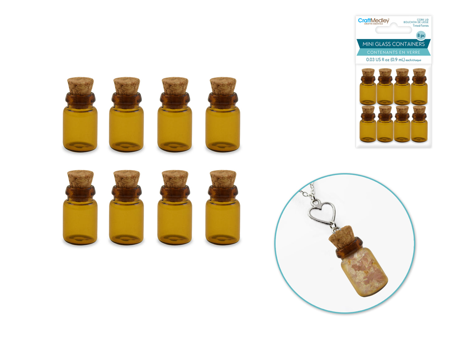 Glass Vials: 1.1cmx1.8cm Tinted Mini w/Cork Lid x8