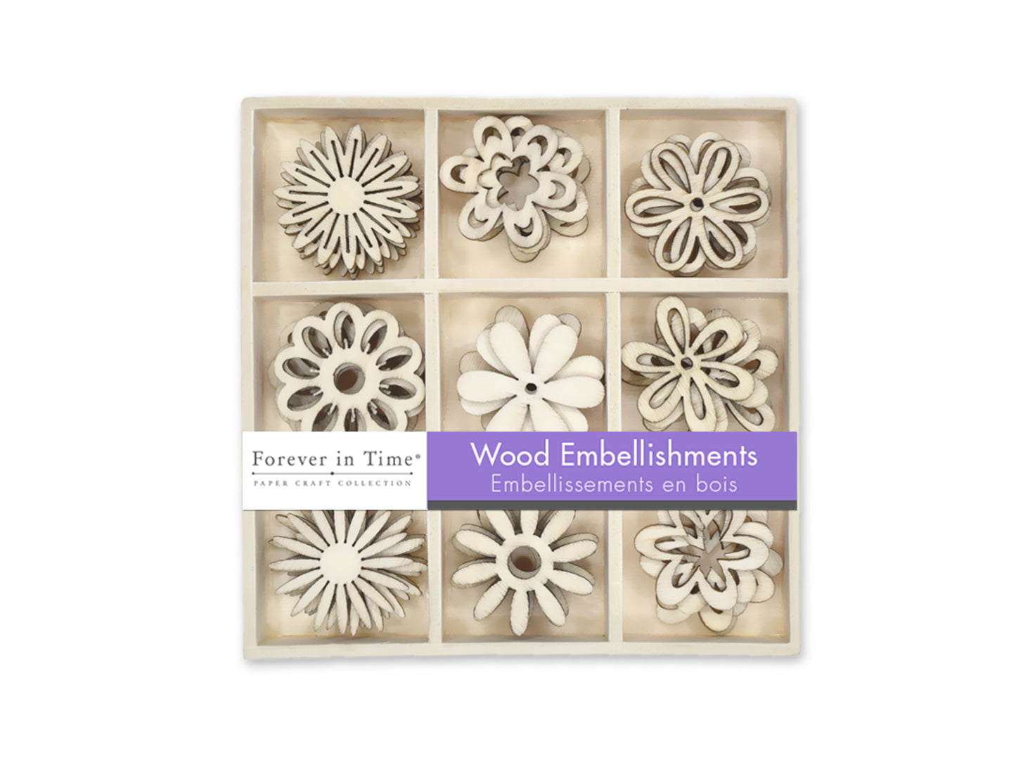 Paper Craft Emb: 45pc Mini Wood Emb in 9-Comp Box A) Floral