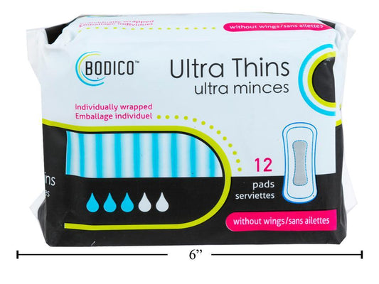 Bodico Ultra Thin Pads, WINGLESS, 12pcs/bag, ind-wrapped, 23x10.5cm