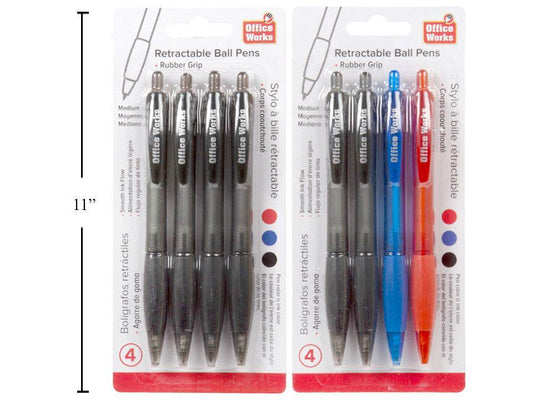 O.WKs. 4-pc Retractable Ballpen, 2 styl, Red,Black&Blue Ink