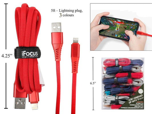 iFocus 5ft  Lightning Data cable 3C, Velcro strap, bundle