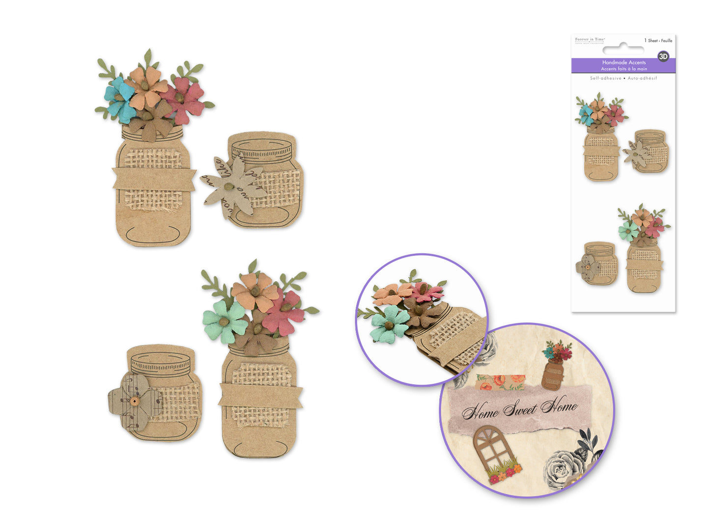 Handmade Embellish: 3D Paper & Burlap Floral Accents Self-Stick B) Mason Jars