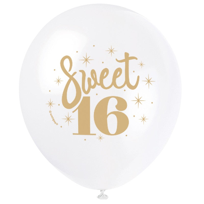 White Gold Sweet 16 12" Latex Balloons  8ct