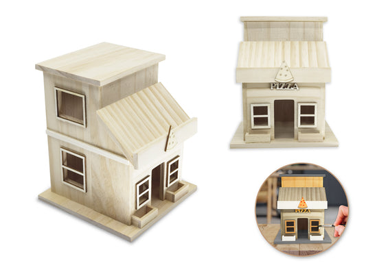 Wood Craft: 5.2x5.3x6.4" Village Store- Pizza Shop