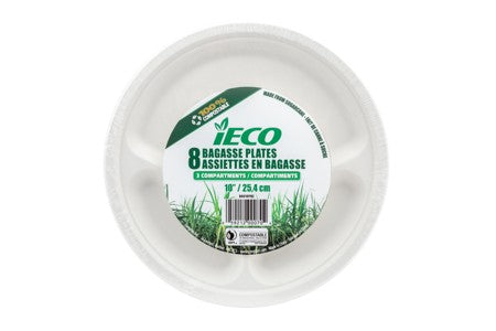 iECO 10" BAGASSE PLATE 3 COMPARTMENT 8/PK  X 24/CS