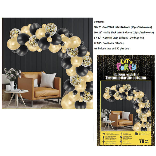 70pcs Black/Gold Balloon Arch Kit, W/4m balloon tape and 50 glue dots