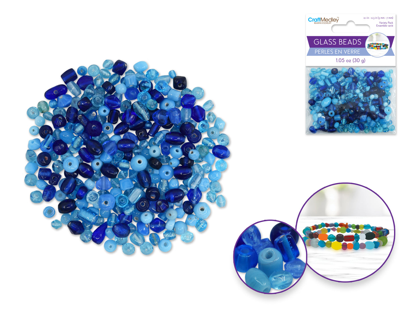 Glass Beads: 3mm-7mm Mix-Pack 30gms G) Sky