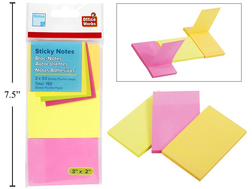 O.WKs. 50-sheet Sticky Notes,  3-pack 76x50mm, Neon Col., pbh