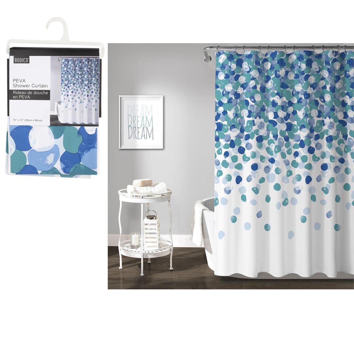 Bodico, PEVA Shower Curtain, Aqua Dot,70x72", hanger w header