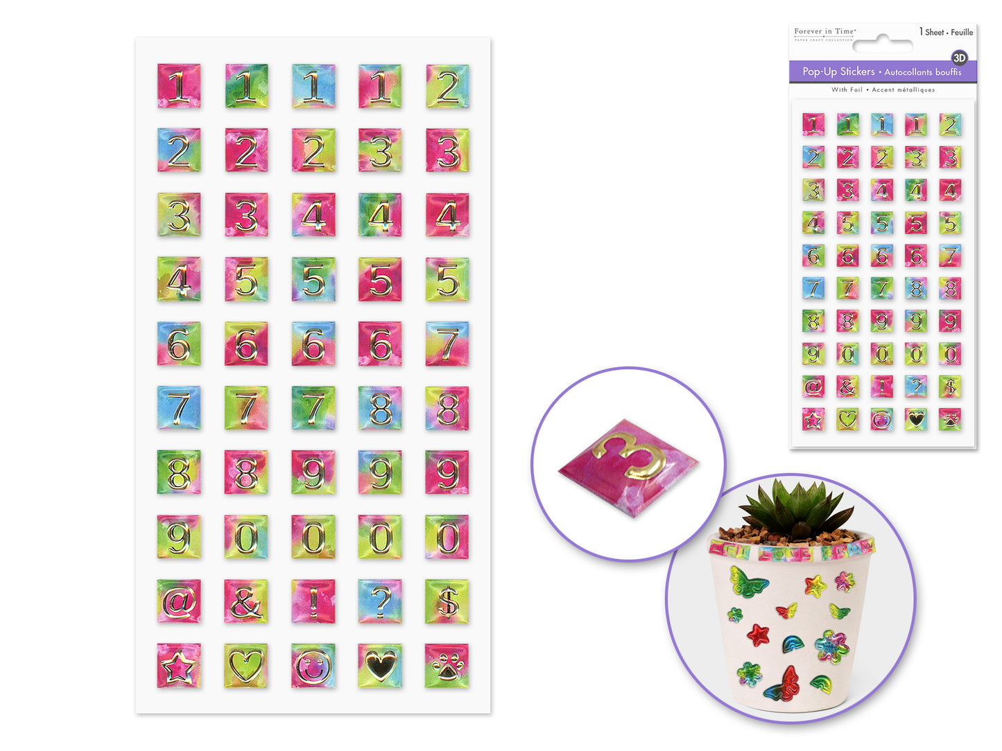 Paper Craft Sticker: 3.7"x6.9" 3D Pop-Up Foil Rainbow Effects E) Numbers