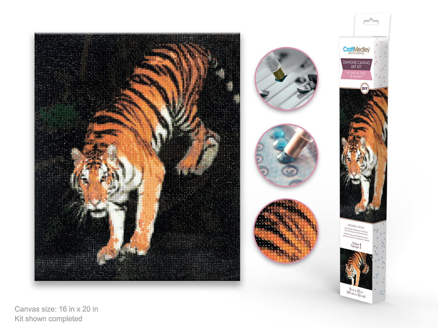 Craft Medley Kit: Diamond Painting Art Kit 15.8"x19.7" w/Gems+Tool+Tray L) Bengal Tiger