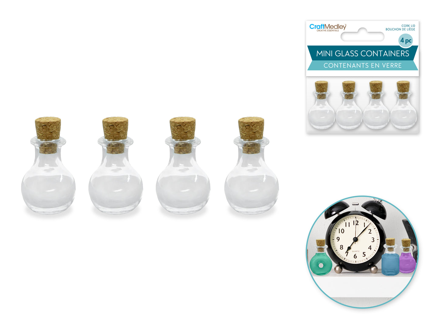 Glass Bottles: 1" Mini Containers w/Cork Lid 4pc Designer Series A) Bauble
