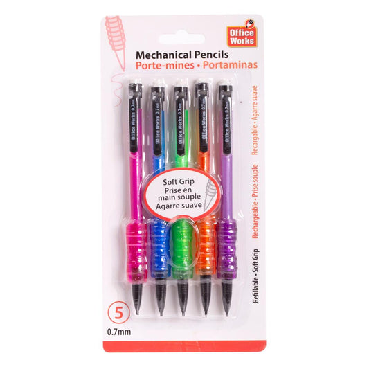 O.WKs. 5-Pc 0.7 Mechanical Pencil w/Comfort Grip, blister card