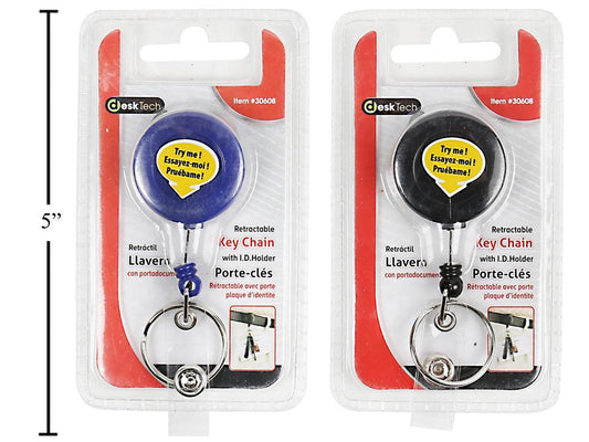 Desk Tech Key Chain w/ I.D. Holder, Retractable, 2 clr, clam shell