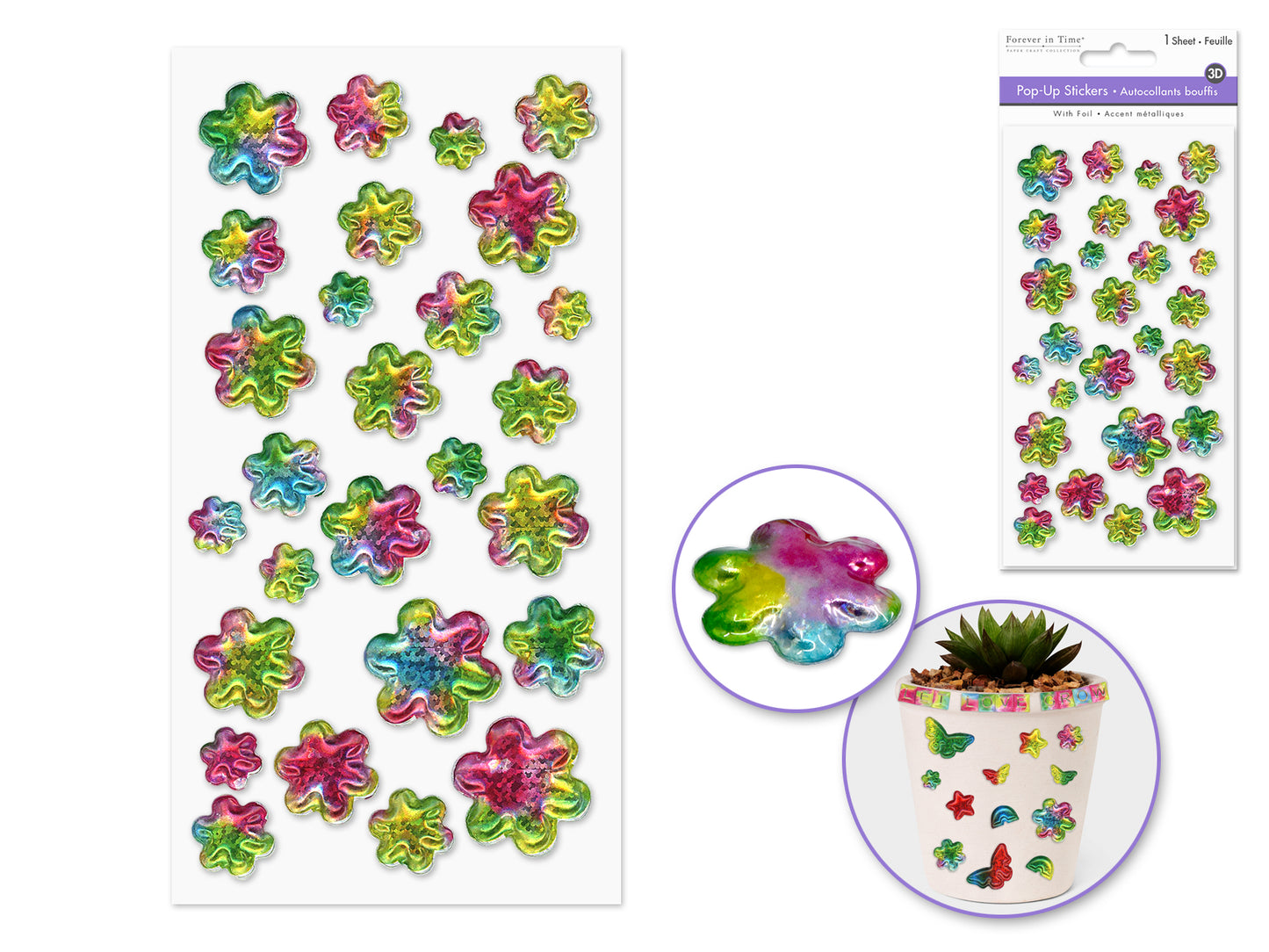 Paper Craft Sticker: 3.7"x6.9" 3D Pop-Up Foil Rainbow Effects C) Flower