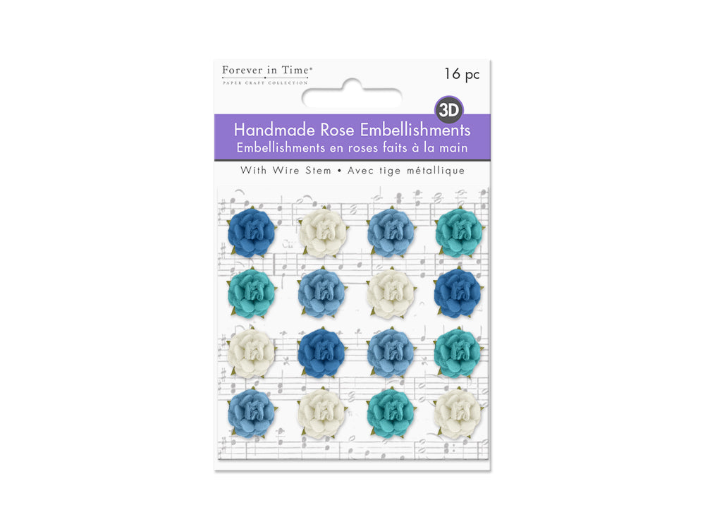 Floral Embellish: 1.5cm 3D Handmade Paper Micro Roses 16pc w/Stem Asst B) Sky