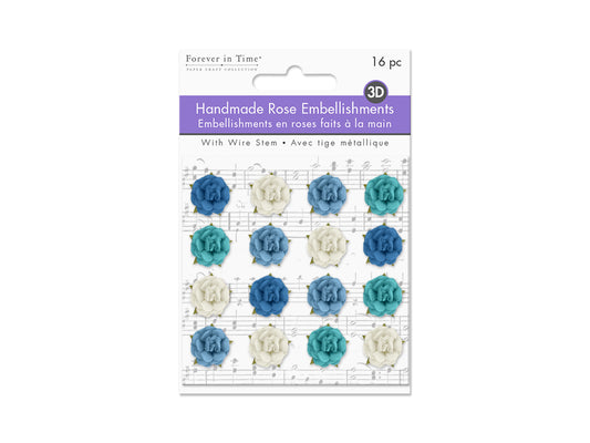 Floral Embellish: 1.5cm 3D Handmade Paper Micro Roses 16pc w/Stem Asst B) Sky