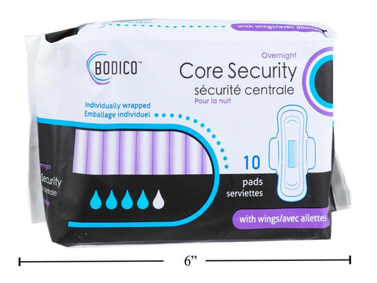 Bodico Overnight Pads w Wings & Leakguard, 10/bag, ind-wrapped