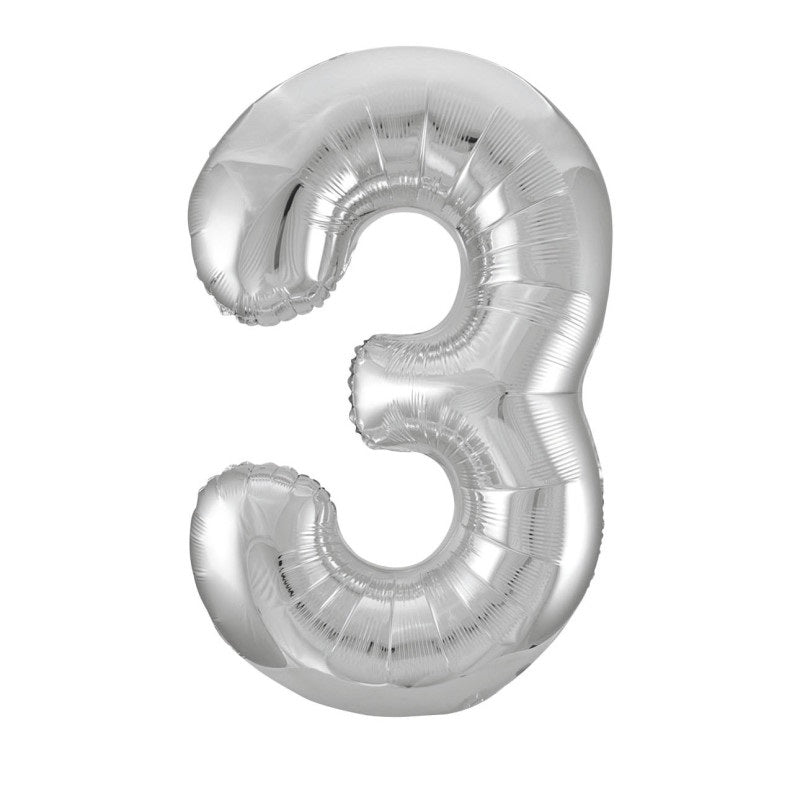 Silver Number 3 Shaped Foil Balloon 34"  Packaged