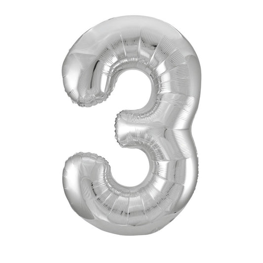 Silver Number 3 Shaped Foil Balloon 34"  Packaged