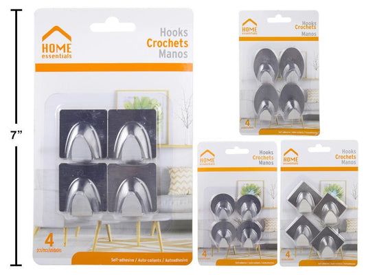 H.E. 4-pc S/S Hooks, Self Adhesive, 4 styles, b/c